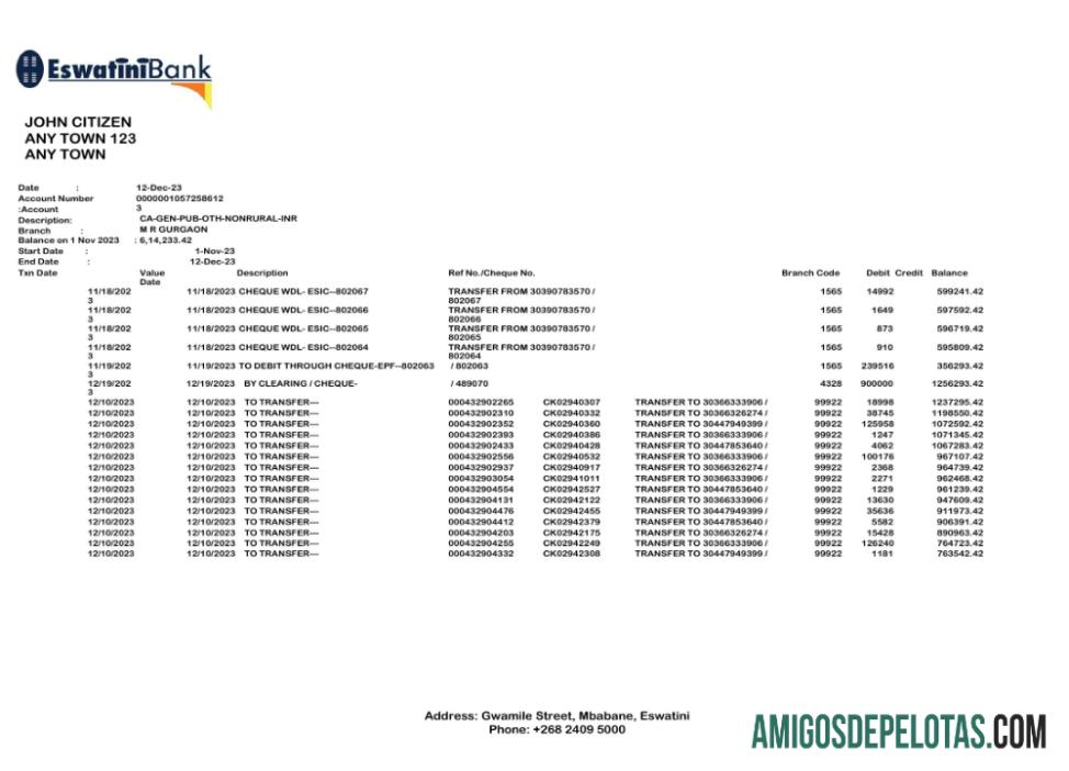 extrato bancário realista Eswatini Swazibank Limited Word e PDF modelo Scr